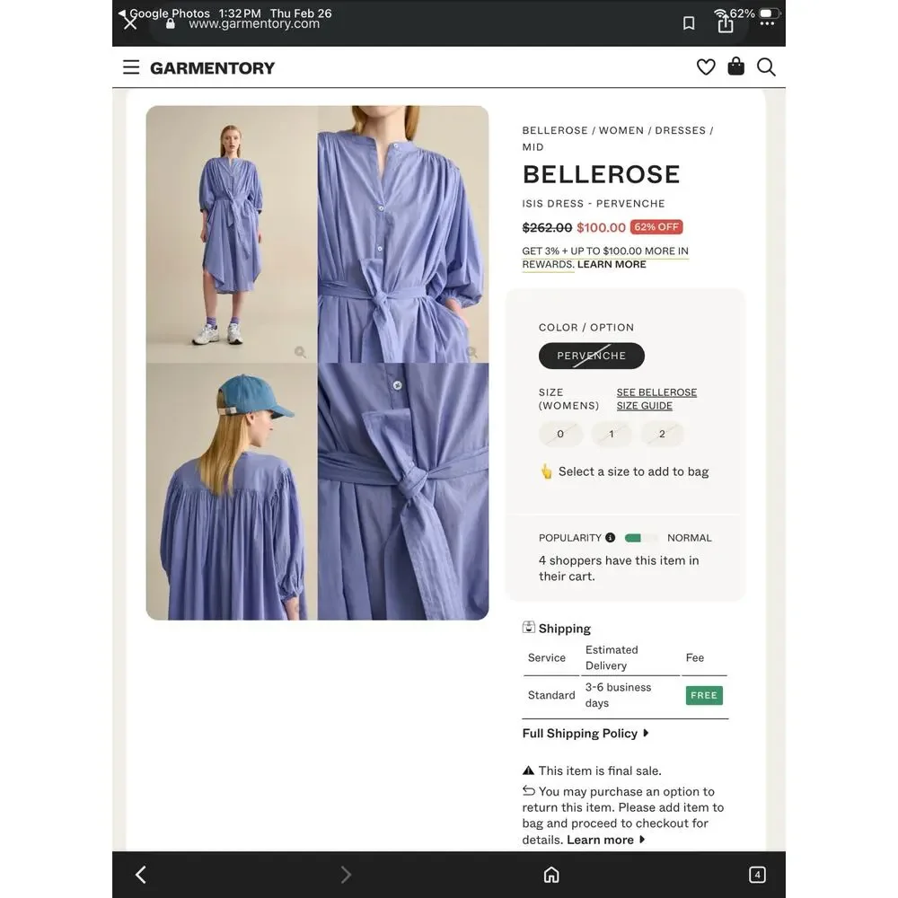 Bellerose Isis Blue 100% Cotton Oversized Gathered Back Midi Shirt Dress NWT OS